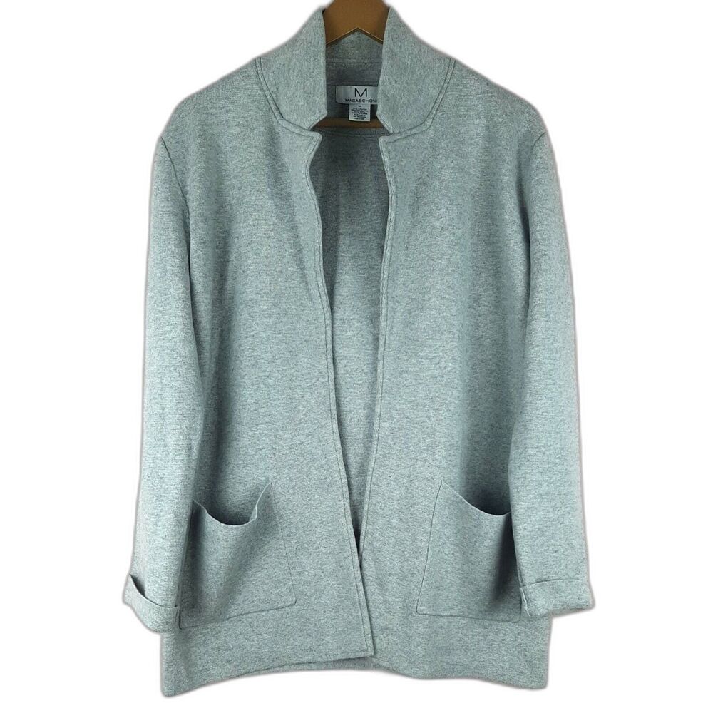 Vintage Magaschoni Womens Cardigan Blazer Wool Blend Open Front Gray Size M